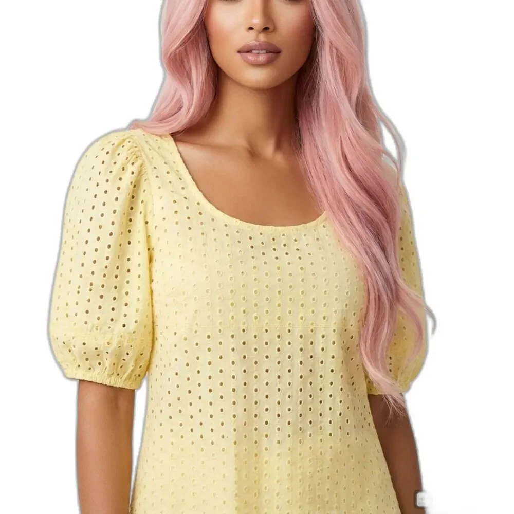 LOFT Butter Yellow Eyelet Cutout Back Bubble Sleeve Top Blouse Small